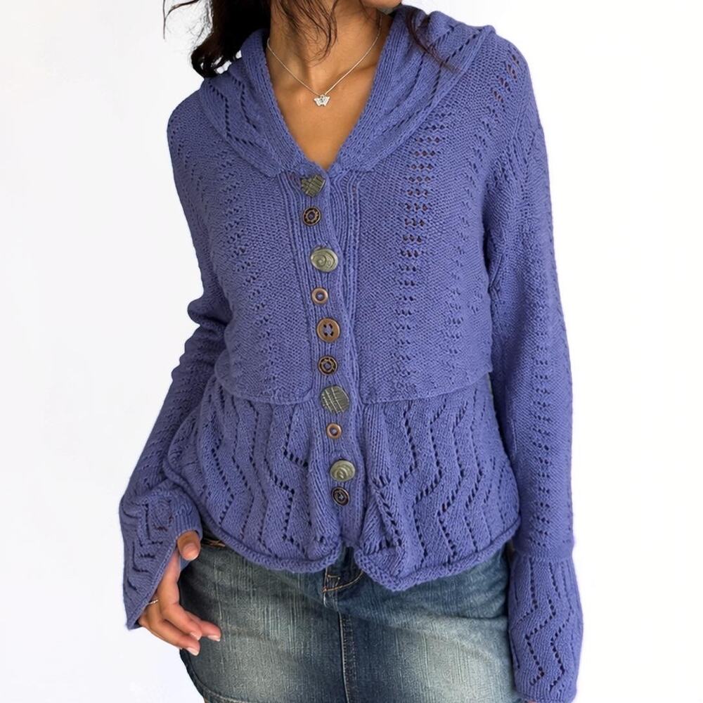 Vintage Pure Handknit Blue Cotton Cowl Hooded Cardigan M/L